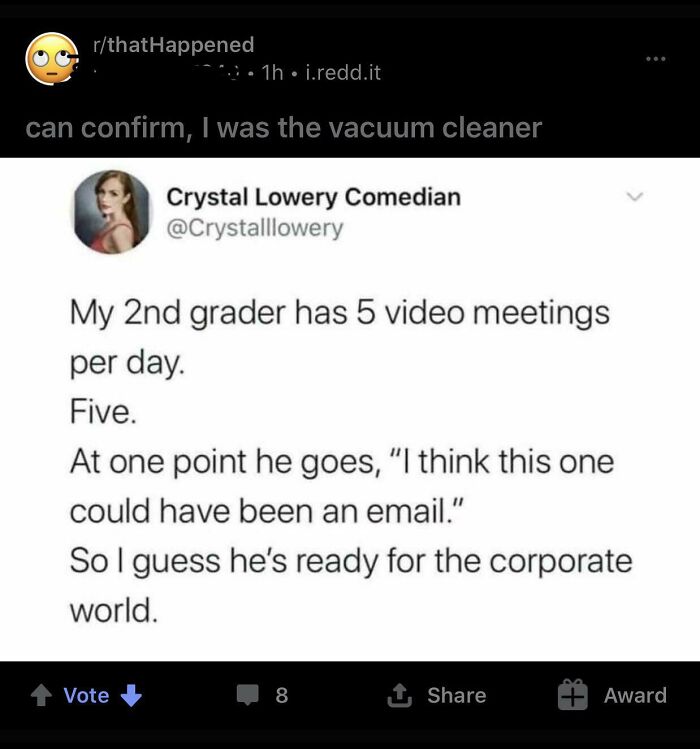 A screenshot from Reddit with a post claiming a child said a meeting could have been an email, called out for lying.