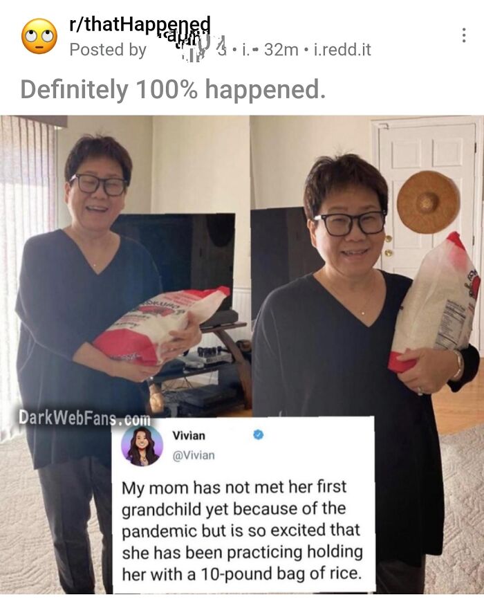 A woman is practicing holding a baby with a bag of rice, an example of people calling out others for lying.