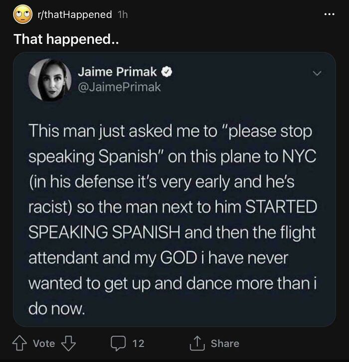 A social media post where Jaime Primak claims people called out others for lying about speaking Spanish.