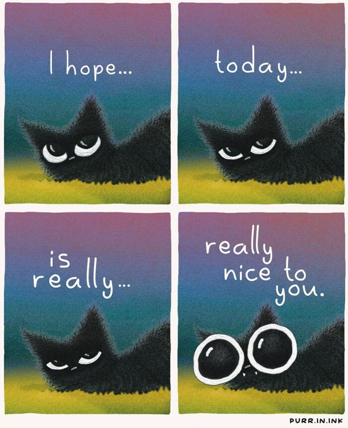 Adorable illustrations of cat behavior: A black cat wishes, I hope today is really nice to you.
