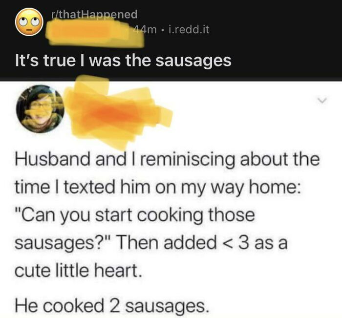 A Reddit post about people called out for lying. A text message asks for sausages, and only two are cooked.