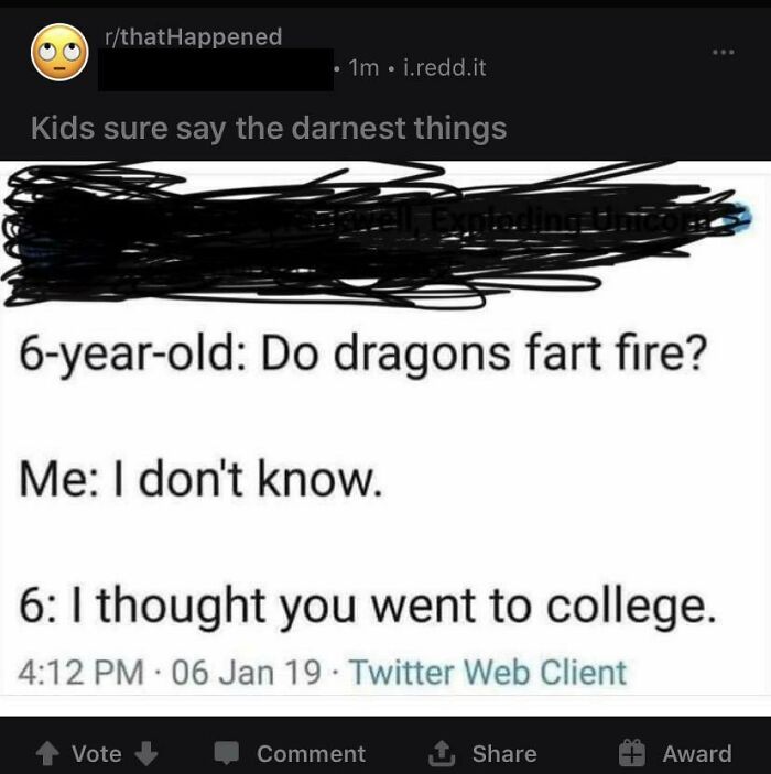 A social media post where people called out others for lying about a 6-year-old asking about dragons farting fire.