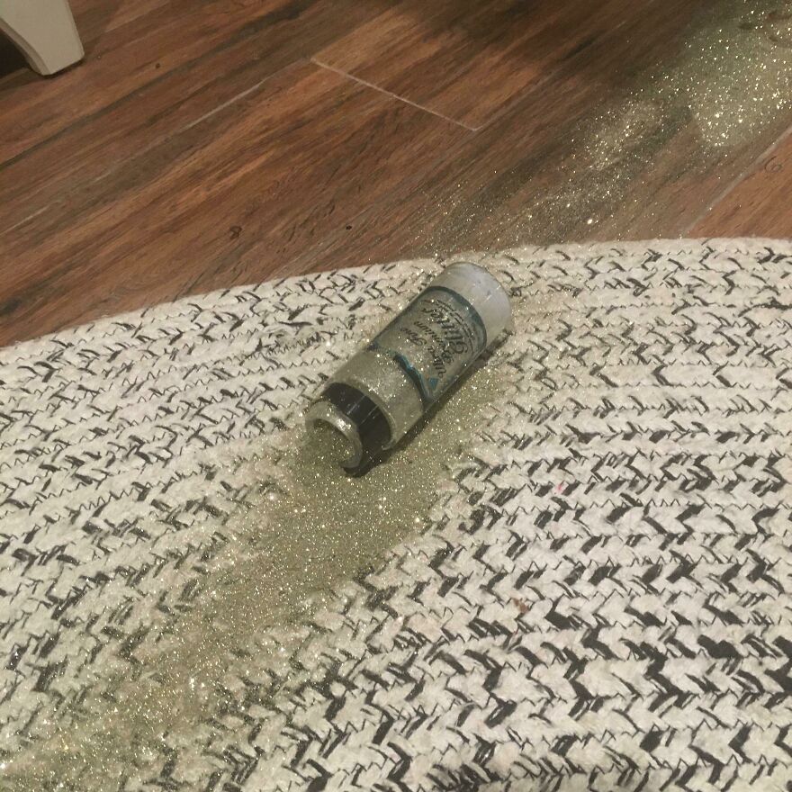 Spilled glitter on a textured rug and wooden floor, an unfortunate crafting regret. Messy fails.