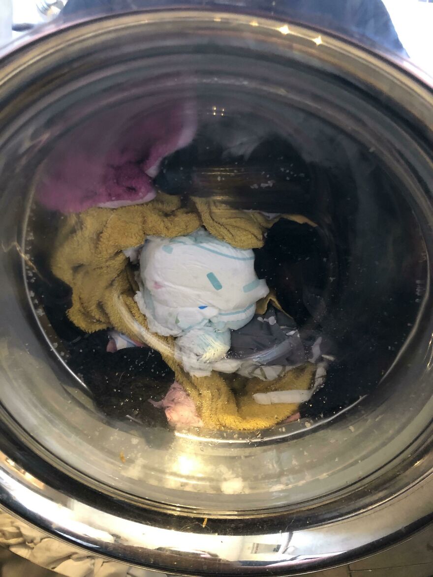 A funny fail with a diaper exploding in a washing machine, soaking laundry in gel beads.