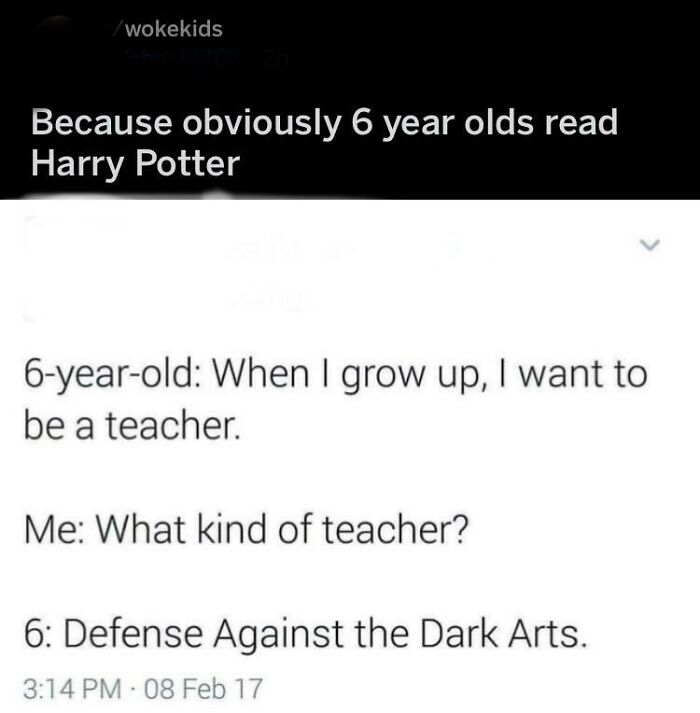 A social media post featuring people called out for lying about a 6-year-old wanting to be a Defense Against the Dark Arts teacher.