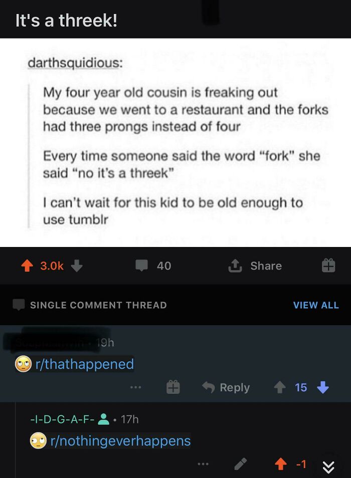A Reddit post about people called out for lying. A child calls a three-pronged fork a 'threek.'
