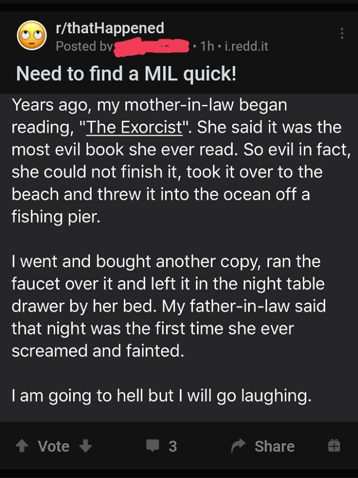 A Reddit post about people called out for lying. A story about a mother-in-law and The Exorcist.