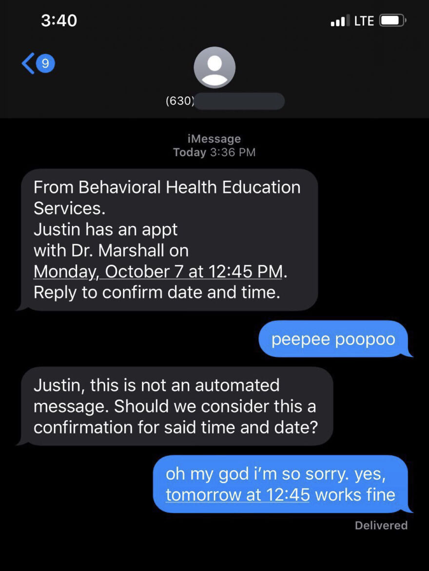 A funny text message exchange shows an unfortunate regret after a playful reply to an appointment reminder.