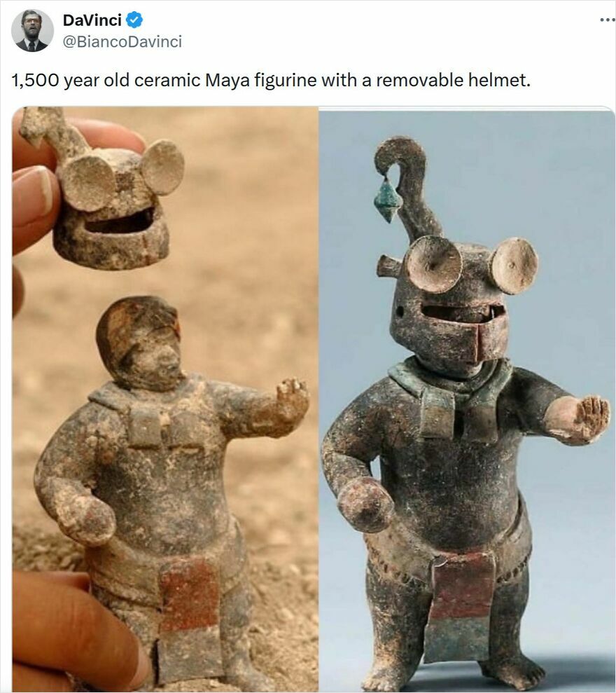 A ceramic Maya figurine with and without its removable helmet, showcasing incredible ancient artistry as strange things happening on Earth.