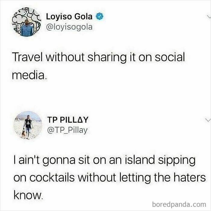 A travel meme displaying a tweet exchange about sharing travel on social media while on vacay abroad.