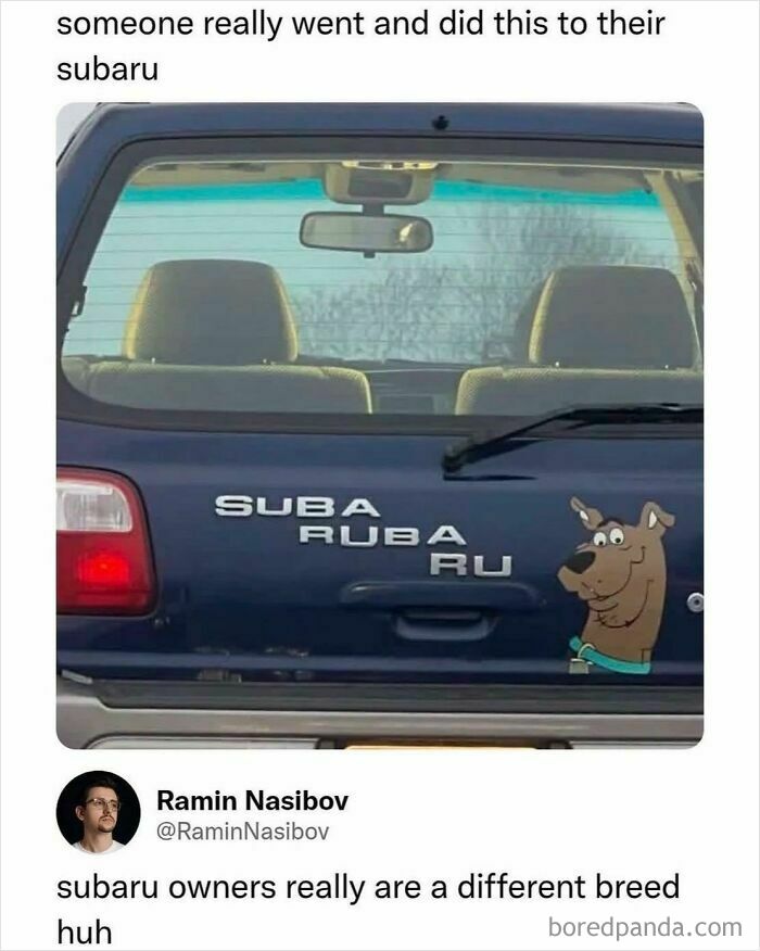 Funny memes showing a Subaru car with a custom Scooby-Doo sticker that says SUBARU RU.