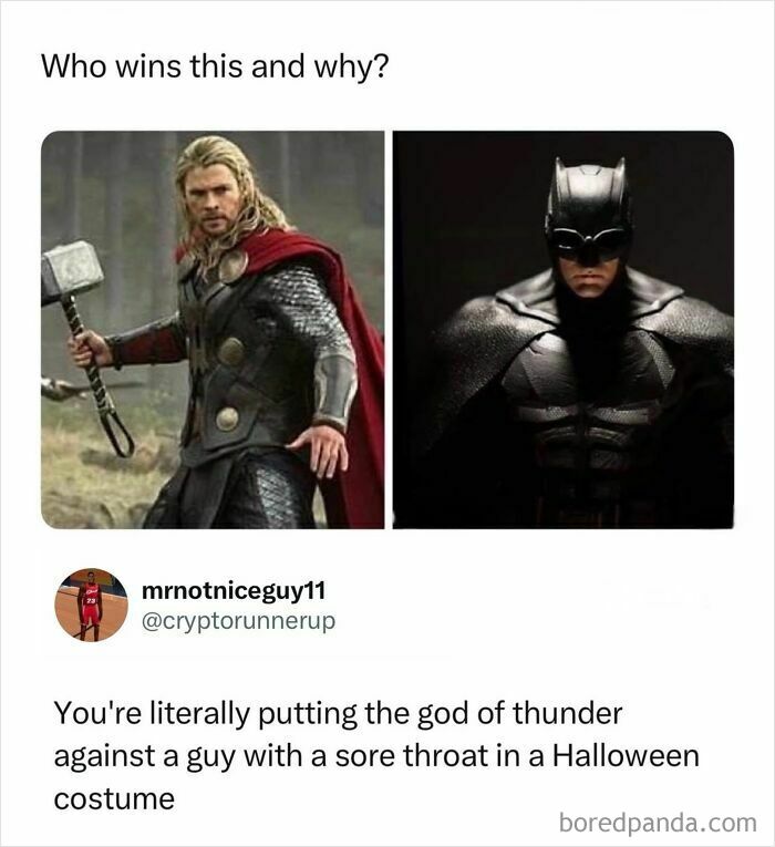 Funny meme from Hood Content King IG account comparing Thor and Batman, questioning who would win the fight.