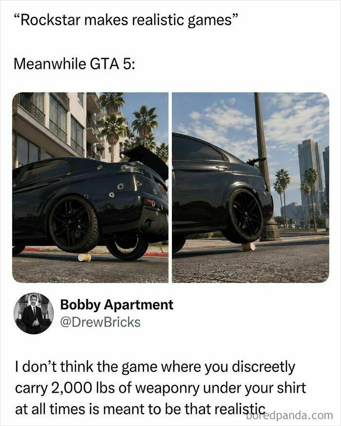 A funny meme from an IG account showing GTA 5 car physics and an ironic comment. Hood Content King memes.
