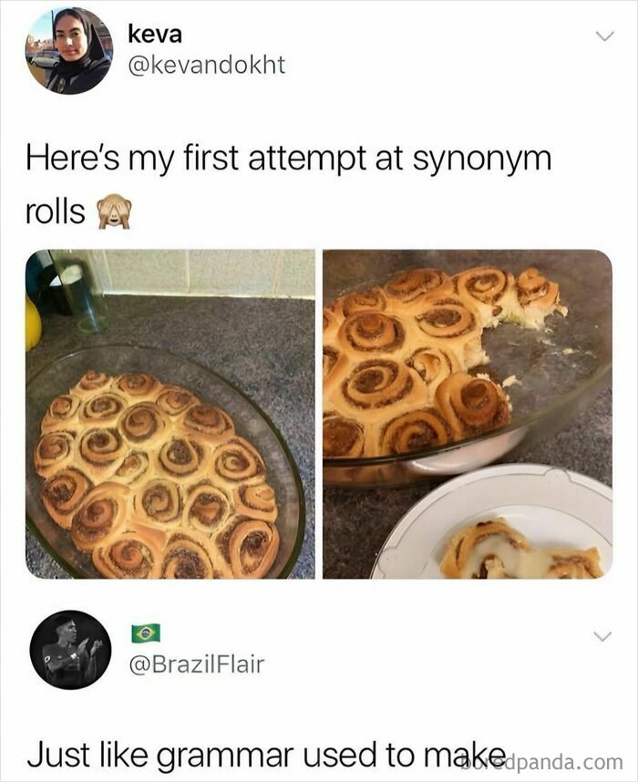 Funny memes about synonym rolls, looking delicious in a baking dish and on a plate.