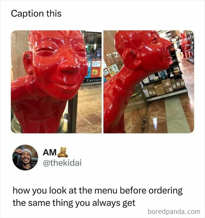 A meme featuring a red mannequin statue and a caption comparing it to menu browsing.