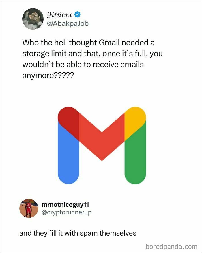 The Gmail logo with a social media post asking about its storage limit. This funny meme comes from a popular IG account.