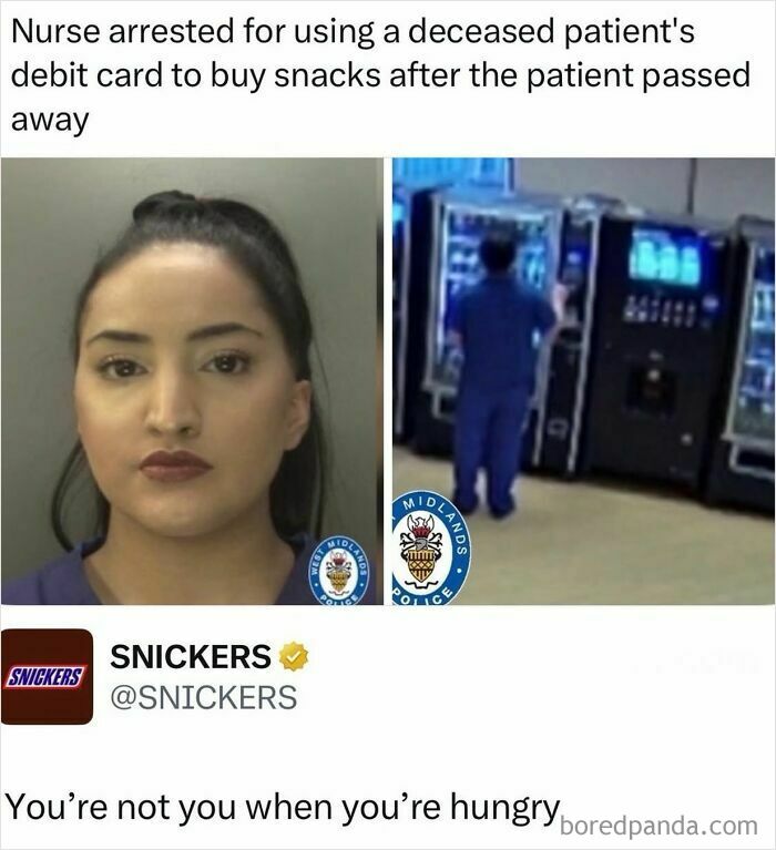 A split image showing a nurse's mugshot and her at a vending machine, a funny meme about hunger.