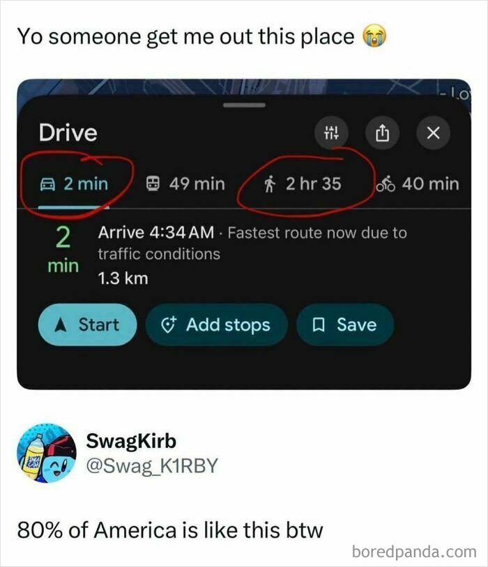 Funny meme from Hood Content King IG account displaying a map app showing vastly different drive and walk times.