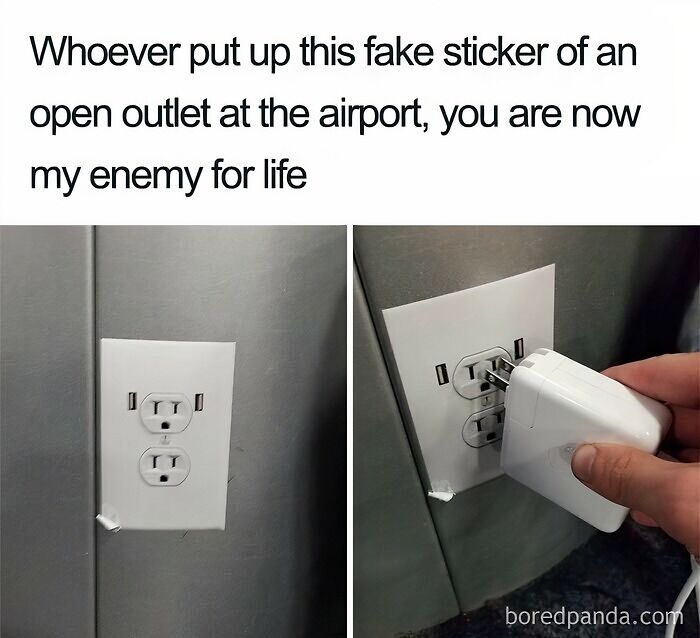 A travel meme showing a person trying to plug into a fake outlet sticker at an airport, showcasing travel memes.