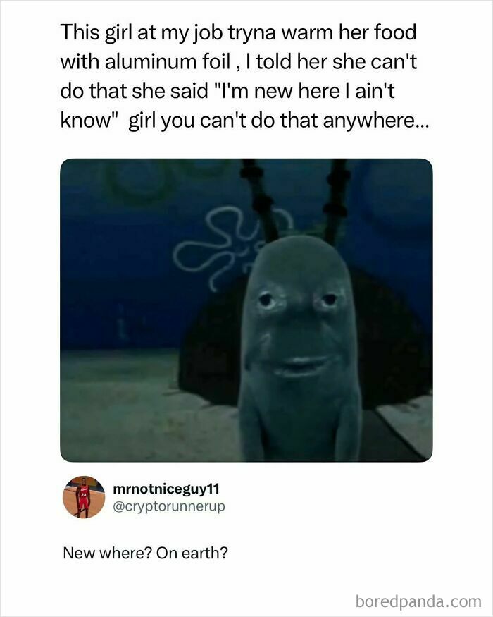 Funny meme from Hood Content King IG account showing a SpongeBob character looking confused about warming food.