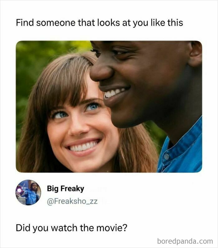 A woman smiling and looking up at a man; a funny meme from Hood Content King.