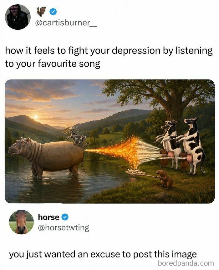 A surreal image depicts a hippo breathing fire at cows that are milking themselves. This funny meme comes from a popular IG account.