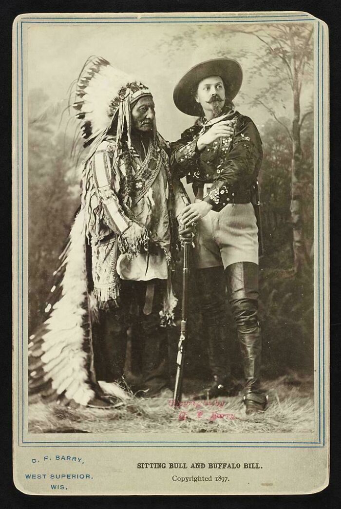 A black and white photo of Sitting Bull and Buffalo Bill, two interesting figures from history.
