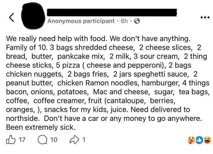 A social media post with an outrageous request for a lengthy list of free groceries, citing illness and lack of money.