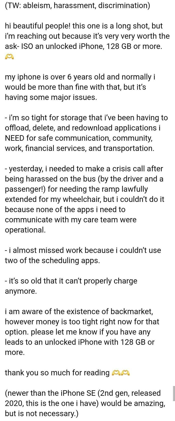 An outrageous request in a social media post asking for a free unlocked iPhone due to accessibility and financial struggles.