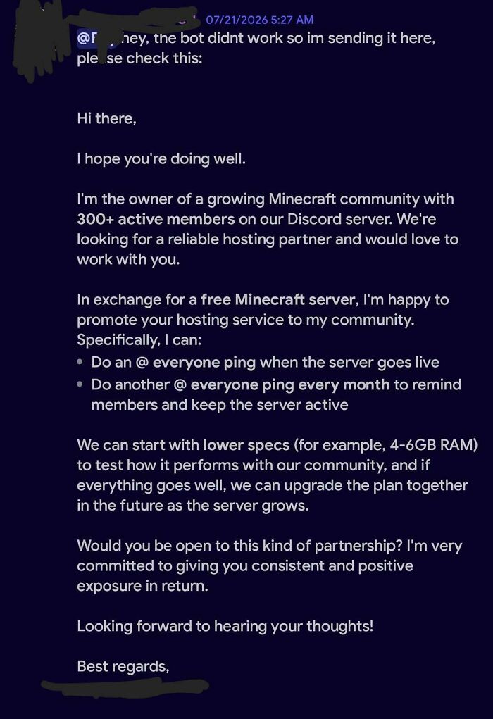 An email with an outrageous request for a free Minecraft server in exchange for promotion, not understanding money.