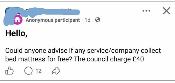 A social media post asking if anyone collects bed mattresses for free, an outrageous request about money.
