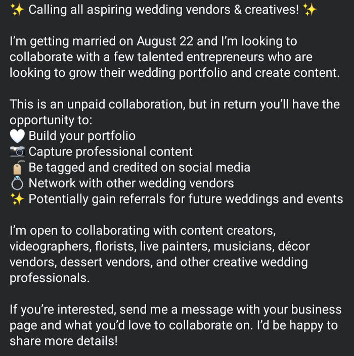 A social media post with outrageous requests for unpaid wedding vendors to collaborate for portfolio building, misunderstanding how money works.