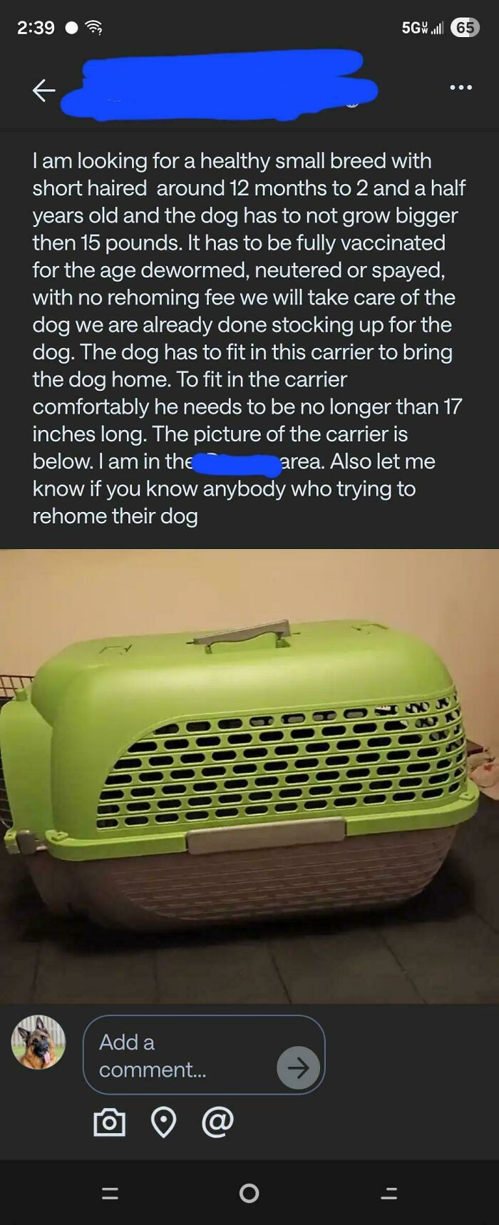 A screenshot showing an outrageous request for a specific dog breed for free, including a carrier image, misunderstanding how money works.