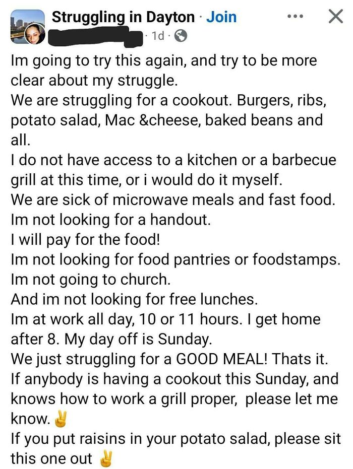 A social media post detailing outrageous requests from someone struggling to get a good meal, yet rejecting food assistance.