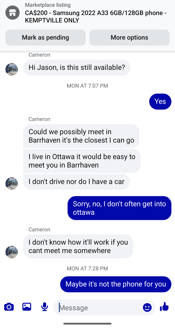 A chat exchange showing an outrageous request from a buyer who can't pick up a Samsung phone.