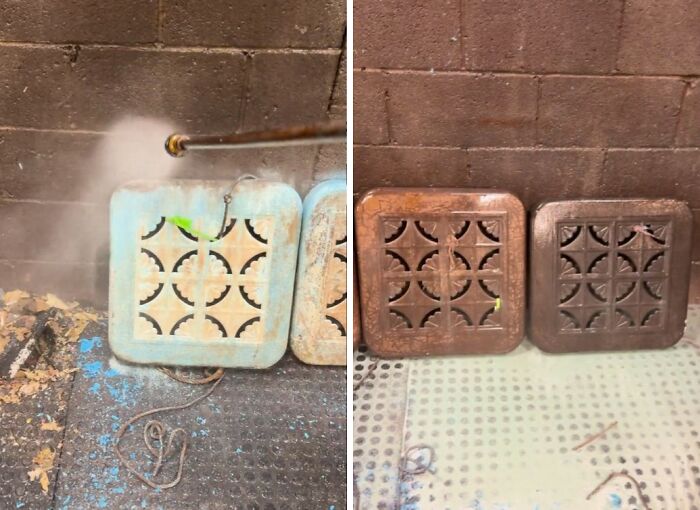 A split image showing a close-up of two dirty, patterned grates before and after power washing, revealing their original design.