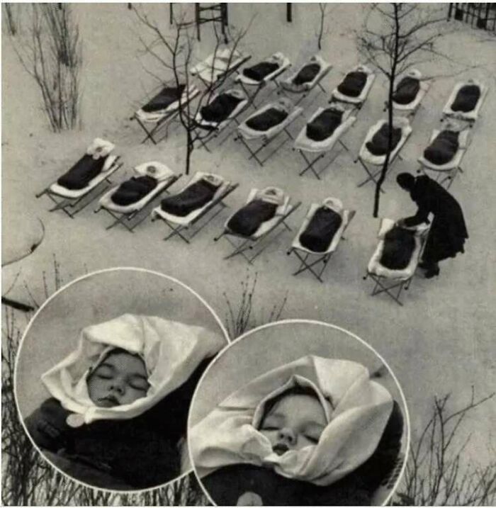 An interesting photo from history shows multiple babies sleeping outdoors in cots in the snow, with close-ups of bundled infants.