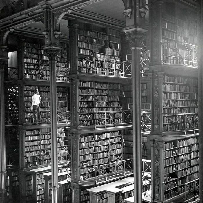 Beautiful historical photo of a vast library with towering bookshelves and a person high up, interesting.