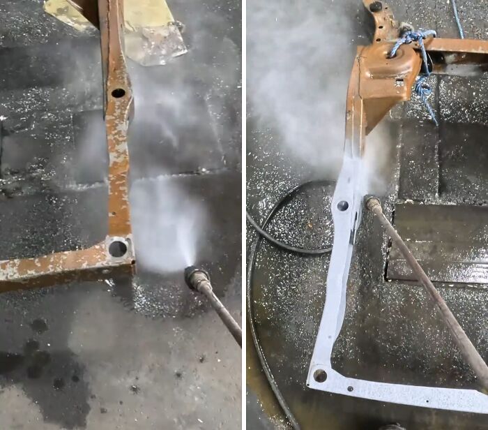 Power washing removes rust and grime from metal frame, showing satisfying cleaning results.