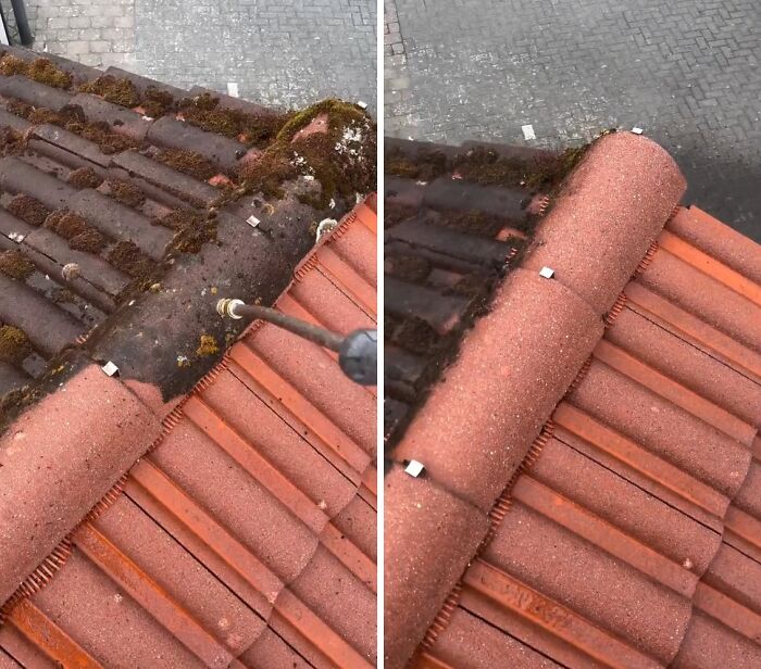 A close-up before and after view of a tiled roof being cleaned with power washing, removing moss and grime.