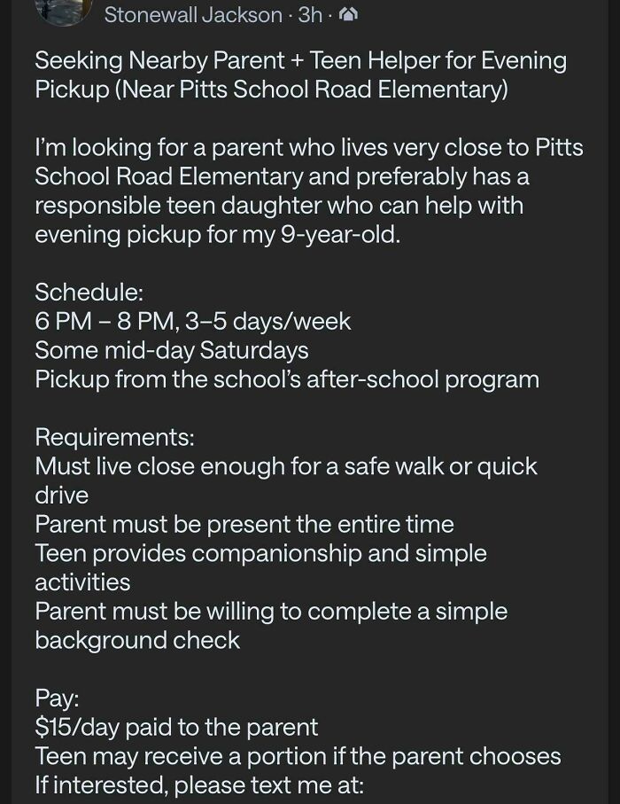A social media post with an outrageous request for cheap childcare ($15/day) that exemplifies people who don't understand money works.