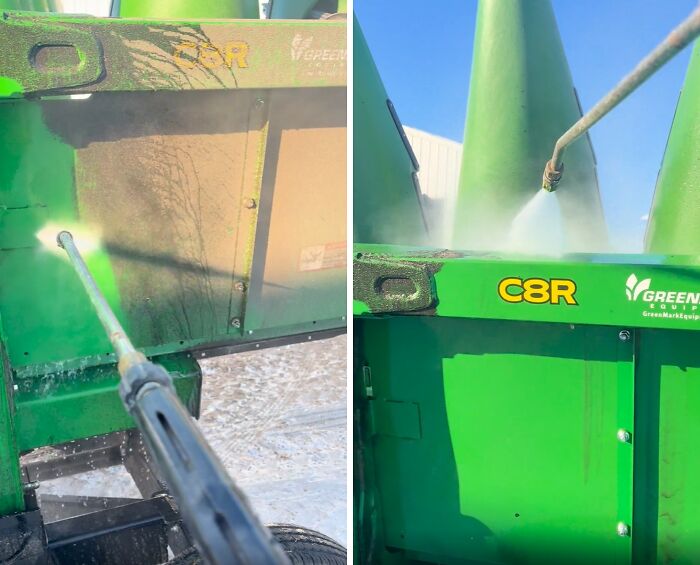 A green agricultural machine before and after being cleaned with power washing, showing satisfying cleaning results.