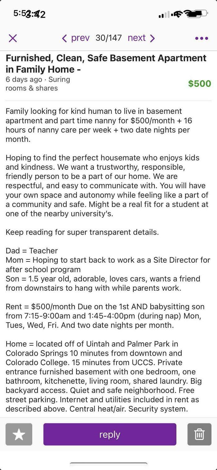 A screenshot of an online ad detailing an outrageous request for a family looking for a nanny to live in a basement apartment and work for $500/month, illustrating people who don't understand how money works.