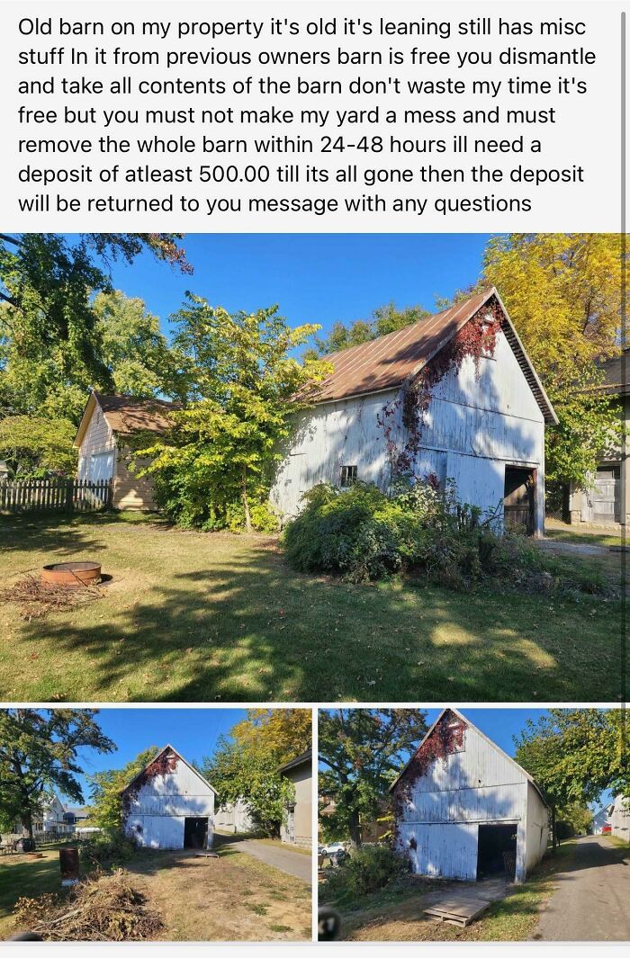 An image of an old barn with an outrageous request for free dismantle and removal, reflecting money misunderstanding.