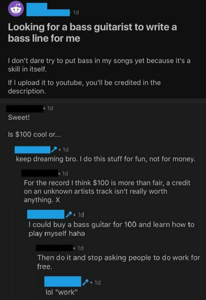 A Reddit conversation about an outrageous request for a bass line with a low offer, showing misunderstanding of money.
