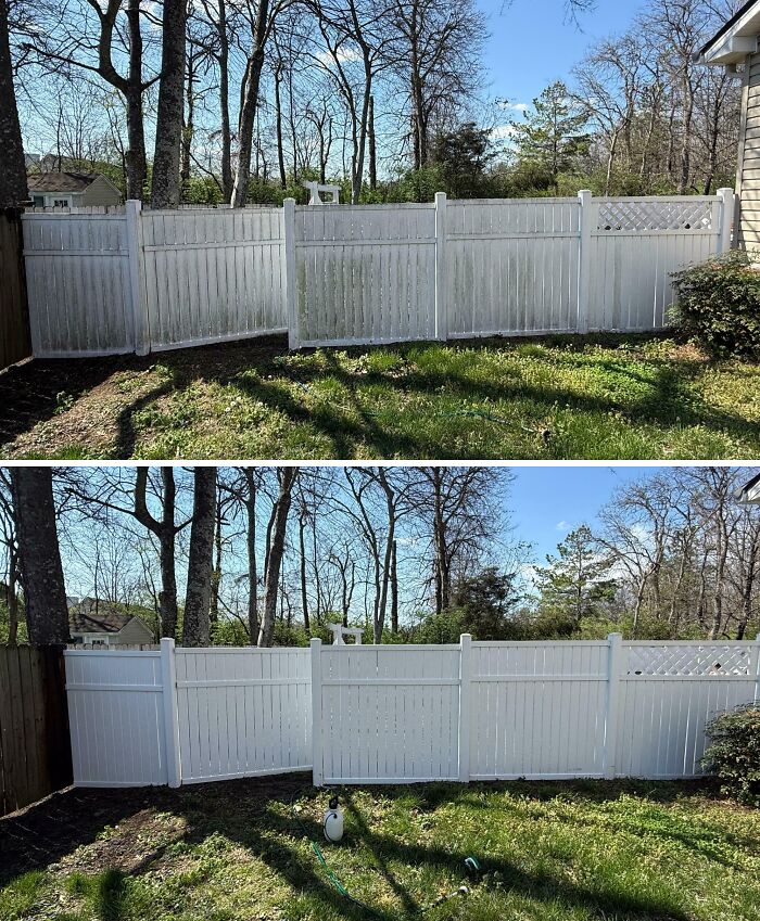 Satisfying power washing transformation of a dirty white fence to a clean, bright fence.