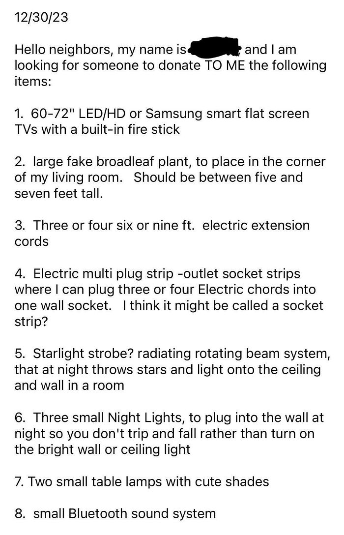 A list of outrageous requests from someone seeking donated items, highlighting a lack of understanding of money.