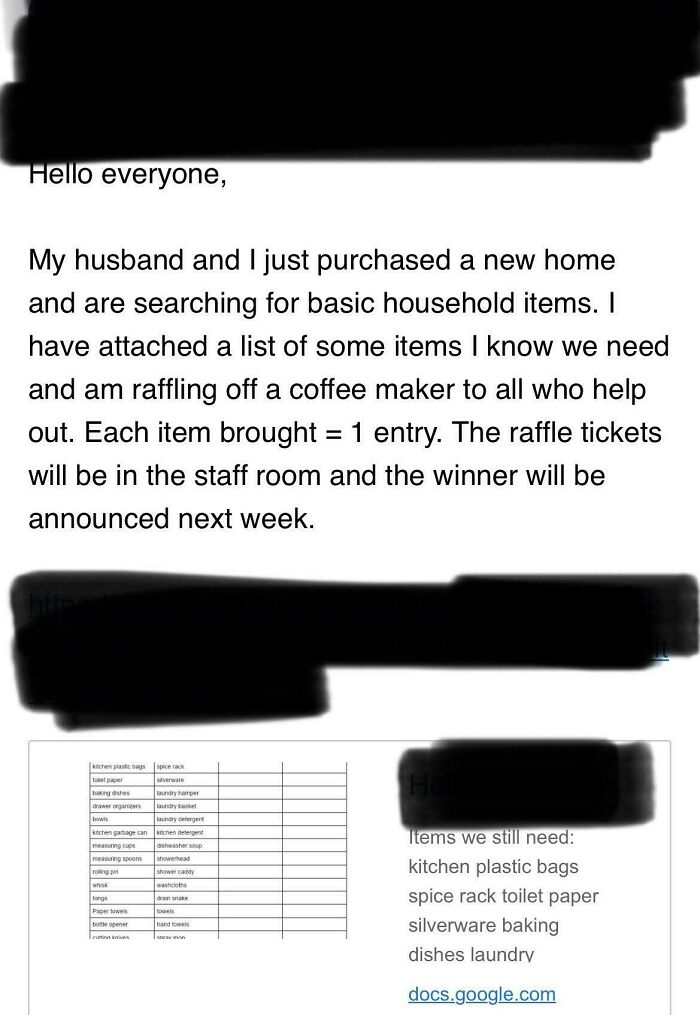 A message outlining a raffle for household items, a prime example of people not understanding how money works.