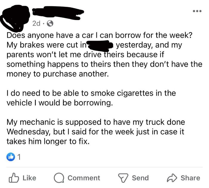 A social media post detailing outrageous requests to borrow a car for a week, with specific conditions.