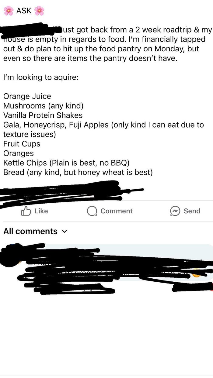 A social media post with a list of specific, outrageous requests for food items from others.